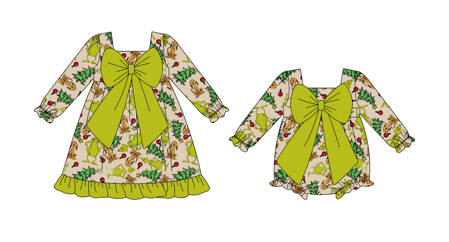 ( Moq 5 Each Style ) Baby Kids Toddler Green Face Bows Christmas Sibling Romper Dress