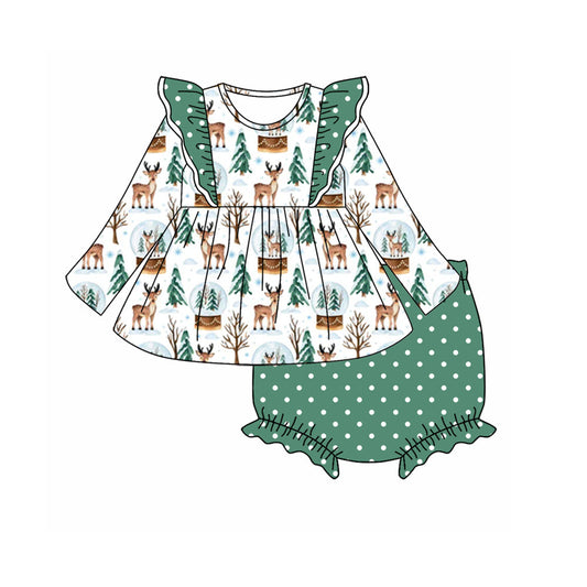 Baby Girl Christmas Deer Tree Tops Green Bummie Set