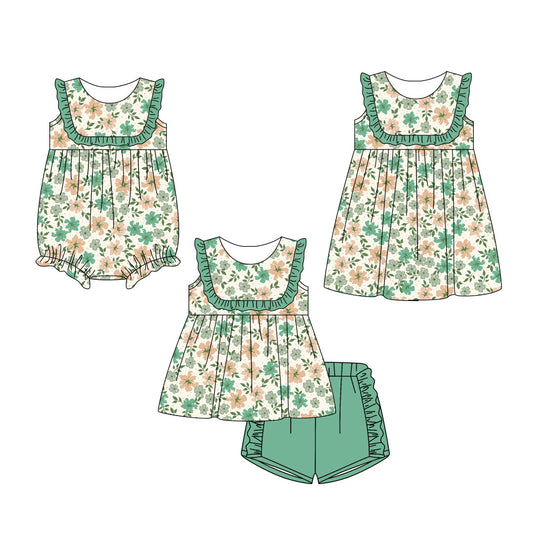 ( Moq 5 Each Style ) Baby Girls Kids Sleeveless Flower Green Ruffle Sibling Romper Dress Set Clothes