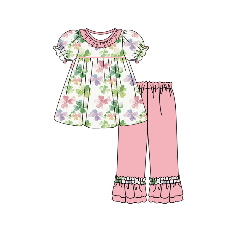 Baby Girl Toddler Short Sleeves St. Patrick Clover Tops Pink Ruffle Pants Set Moq 5