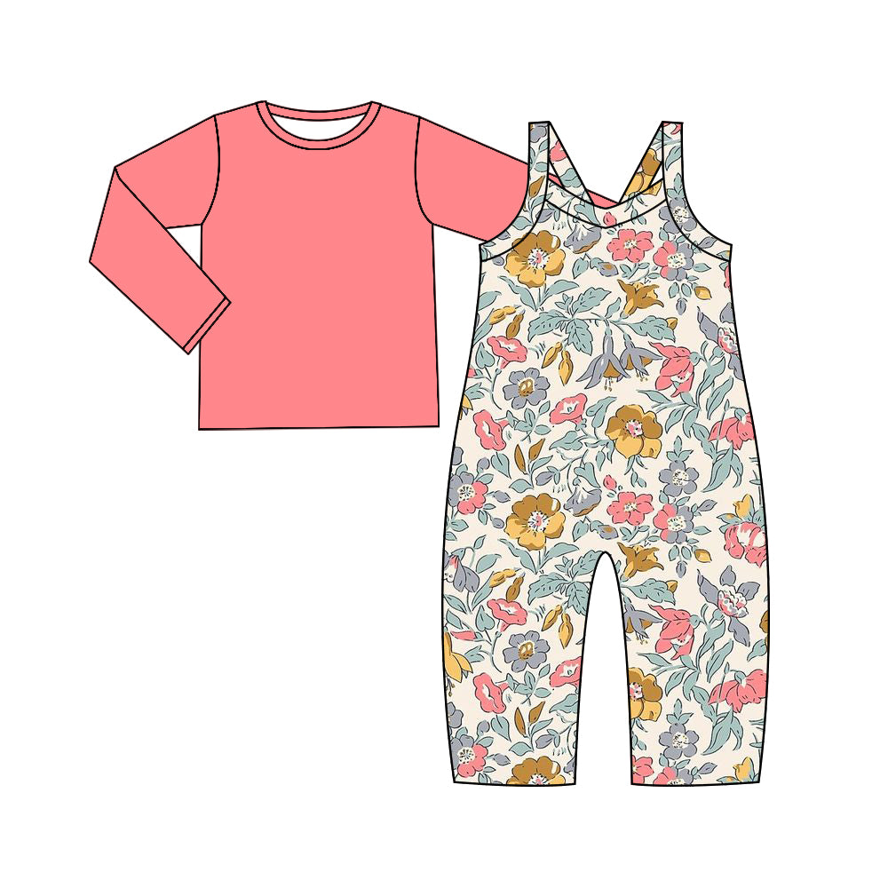 Baby Girl Toddler Long Sleeves Pink Shirt  Flower Jumpsuit Set