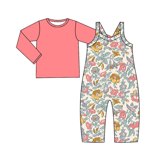 Baby Girl Toddler Long Sleeves Pink Shirt  Flower Jumpsuit Set