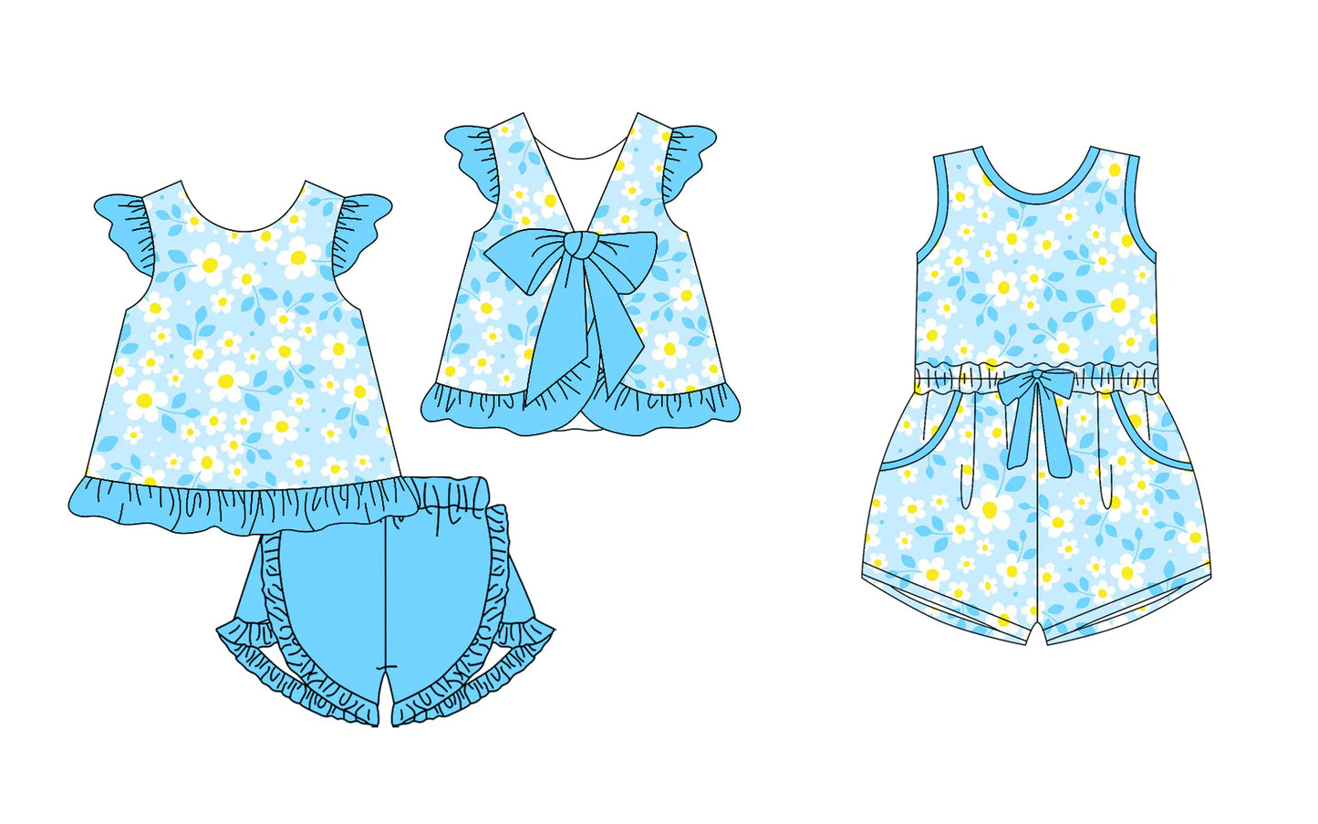 ( Moq 5 Each Style ) Baby Girls Toddler Floral Blue Bows Sibling Jumpsuit Set