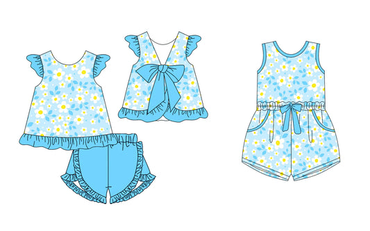 ( Moq 5 Each Style ) Baby Girls Toddler Floral Blue Bows Sibling Jumpsuit Set