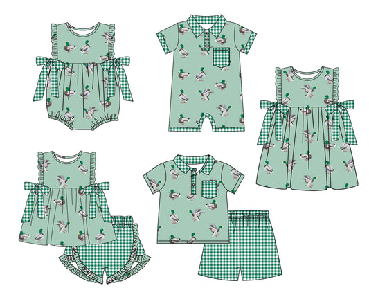 Baby Boy Girl Duck Green Plaid Bows Sibling Matching Dress Romper Clothes Set ( Moq 5 Each style )