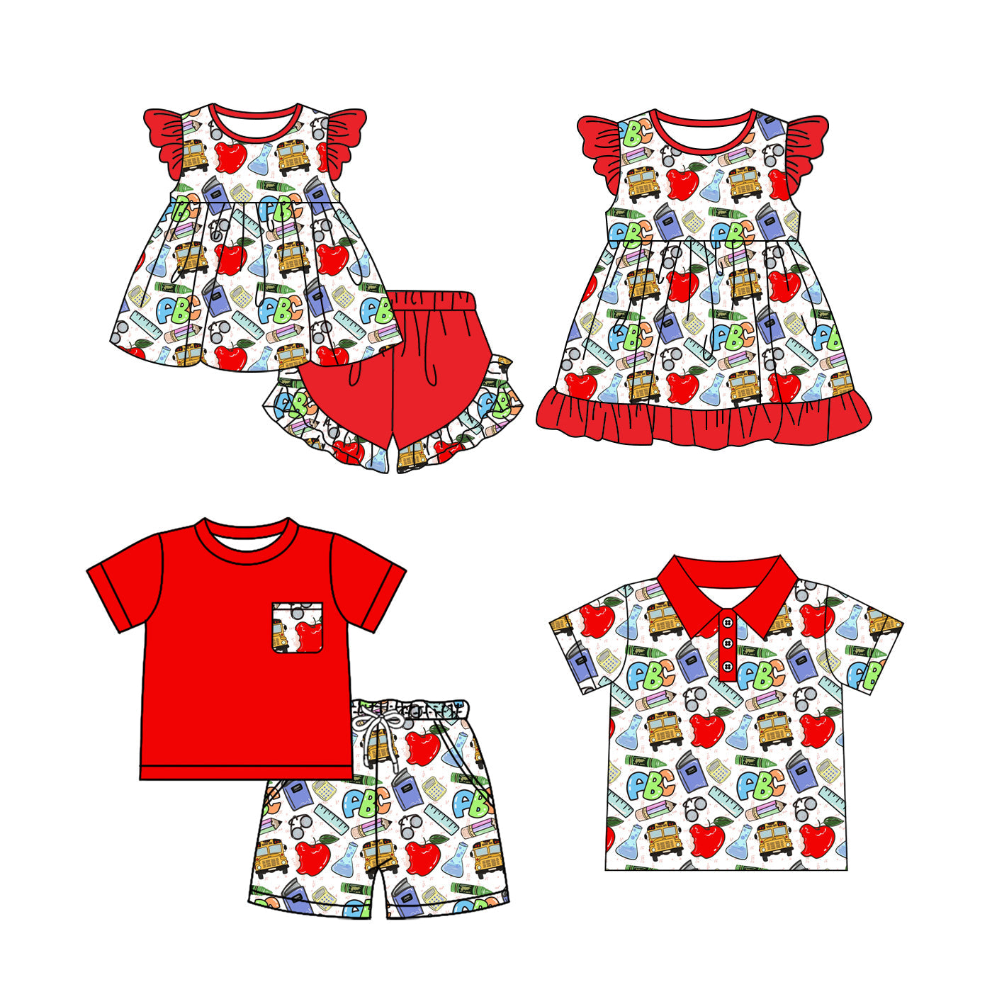 Baby Boy Girl Back To School Bus Sibling Shirt Dress Set ( Moq 5 Each Style ) 3.18