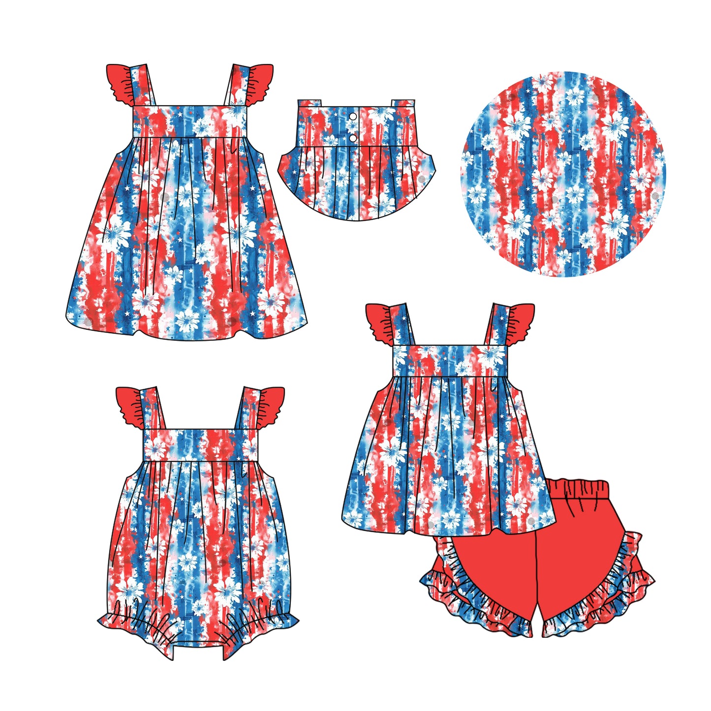 Baby Girl July 4th Tie Dye Sibling Summer Romper Dress Clothes Set ( Moq 5 Each Design )11.23