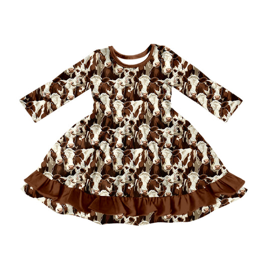 Baby Girl Long Sleeves Cow Brown Western Dress