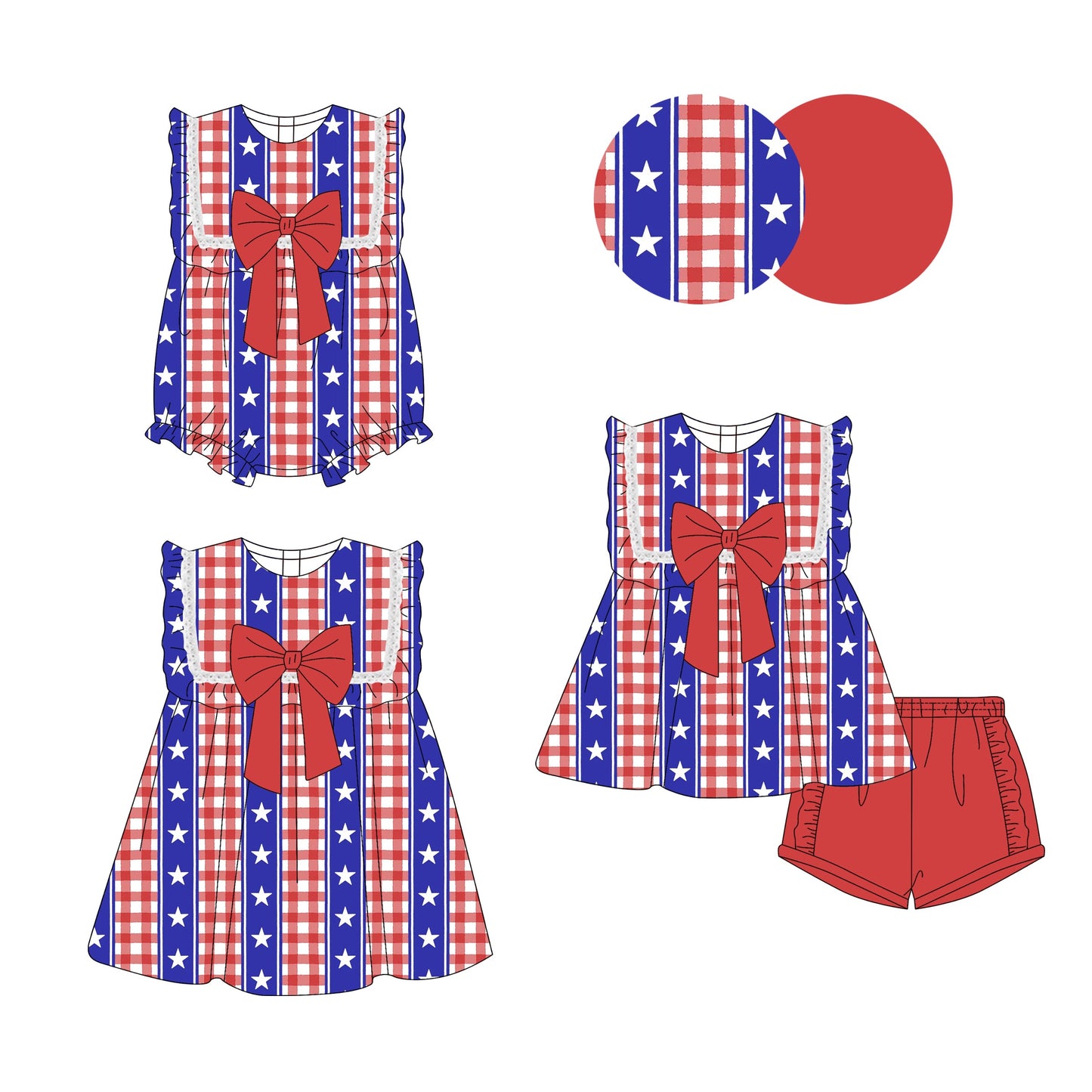 Baby Girl 4th Of July Stars Bows Sibling Romper Dress Set ( Moq 5 Each Style ) 4.2