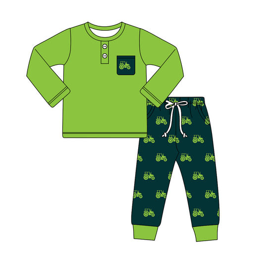 Baby Boy Toddler Long Sleeves Green Shirt Tractors Pants Farm Set