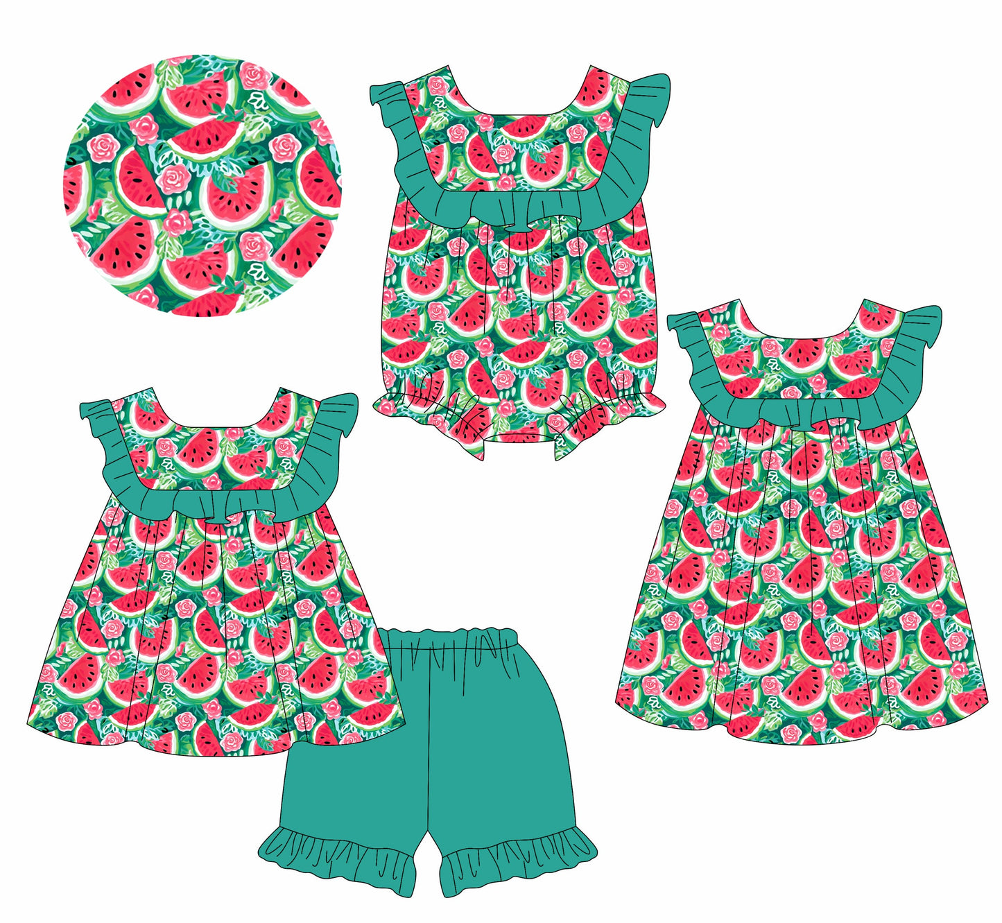Baby Girl Watermelon Flower Sibling Romper Dress Set ( Moq 5 Each Style ) 1.14