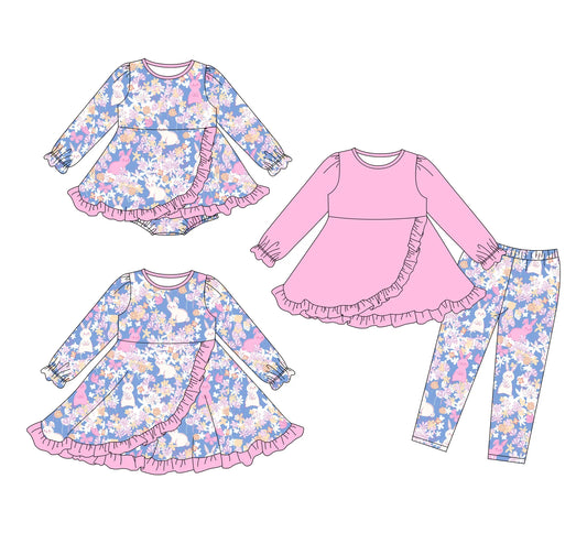 ( Moq 5 Each Style ) Baby Girls Kids Rabbits Flower Sibling Easter Romper Dress Set