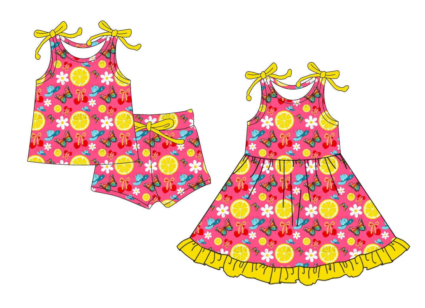 ( Moq 5 Each Style ) Baby Girl Sleeveless Lemon Flower Sibling Summer Dress Set 4.21