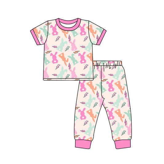 Baby Girl Short Sleeves Colorful Rabbit Shirt Pants Pajamas Easter Set Moq 5