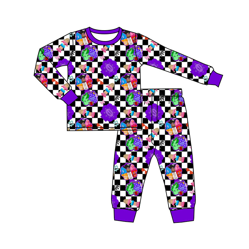 Baby Kids Toddler Short Sleeves Purple Toys Checkered Shirt Pants Pajamas Set