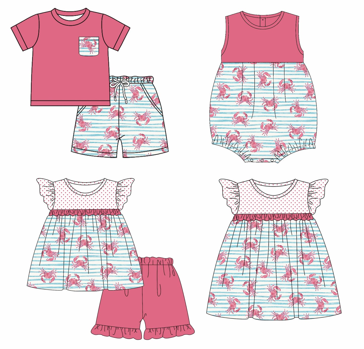 Baby Boy Girl Short Sleeves Crabs Sibling Romper Dress Set ( Moq 5 Each Style ) 1.3