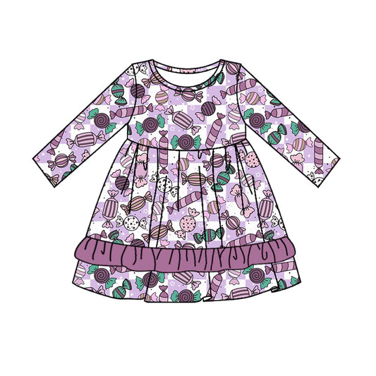 Baby Girl Long Sleeves Candy Purple Checkered Ruffle Dress