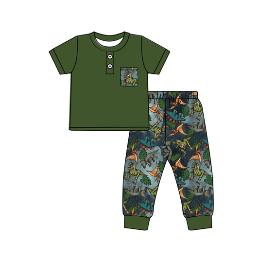 Baby Boy Toddler Short Sleeves Green Shirt Dinosaurs Pants Set Moq 5