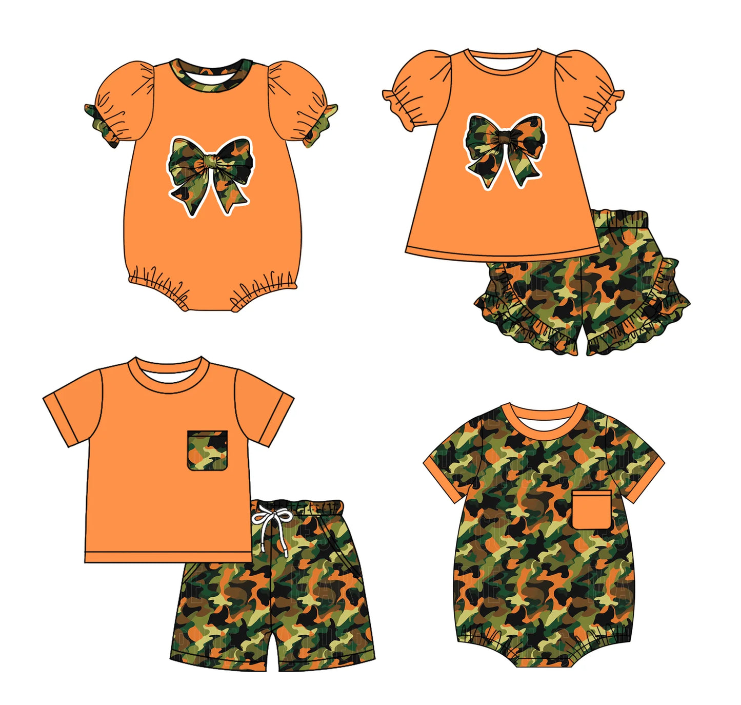 ( Moq 5 Each Style ) Baby Boys Girls Short Sleeves Camo Sibling Orange Rompers Sets