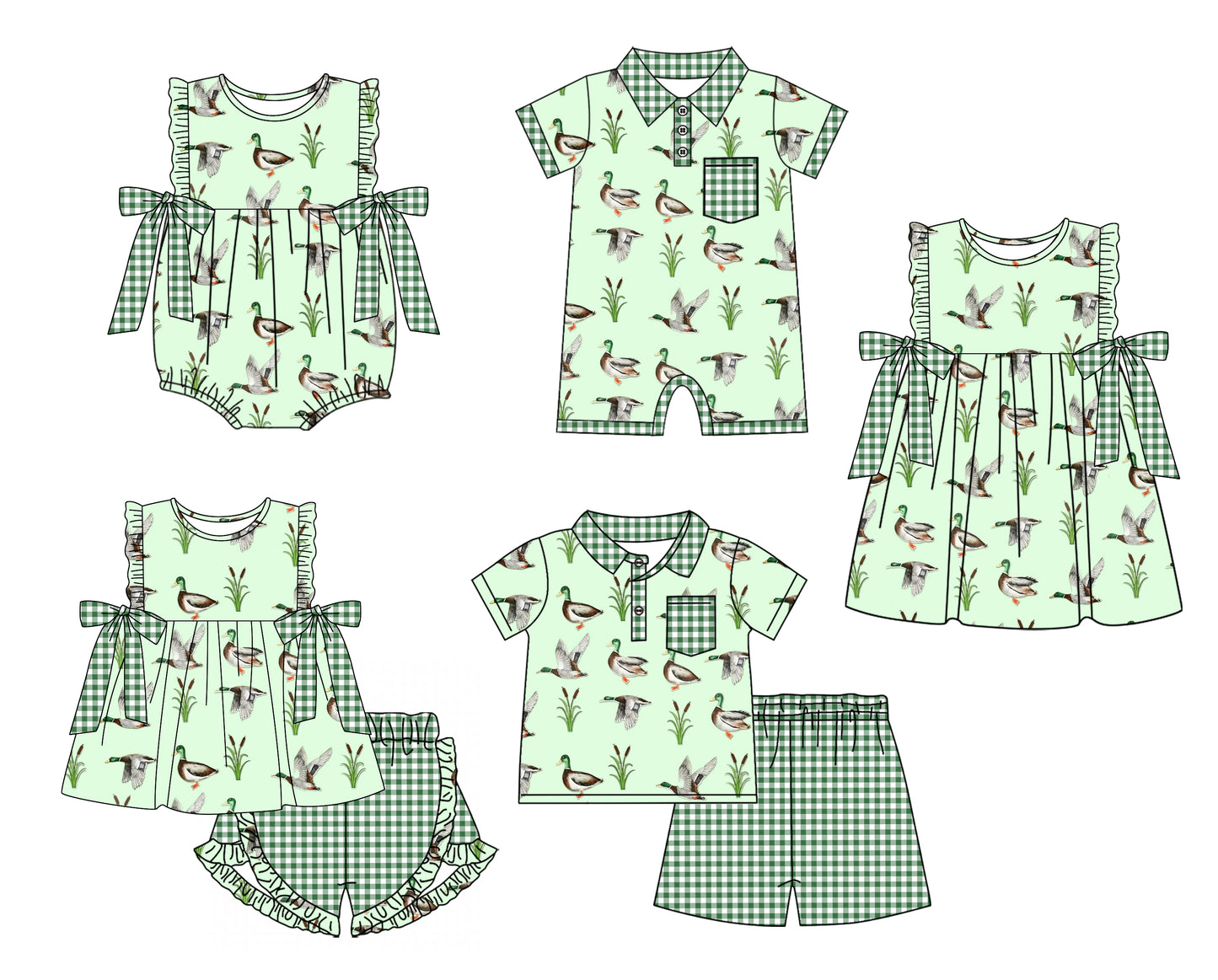 Baby Boy Girl Ducks Green Plaid Sibling Matching Green Dress Romper Clothes Set ( Moq 5 Each style )