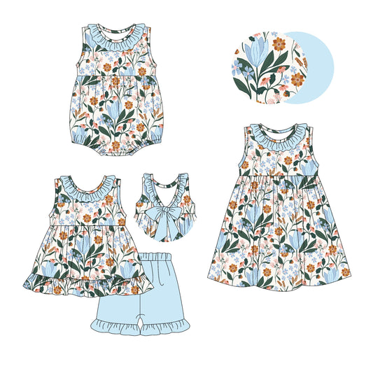 Baby Girl Sleeveless Flower Blue Ruffle Sibling Romper Dress Set ( Moq 5 Each Style ) 3.4