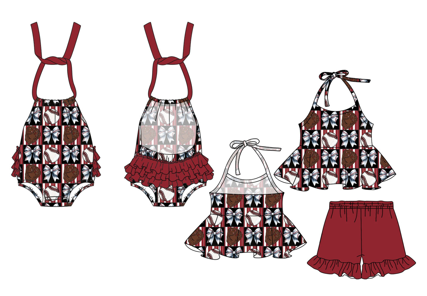 Baby Girl Halter Baseball Bows Sibling Romper Set ( Moq 5 Each Style ) 2.19
