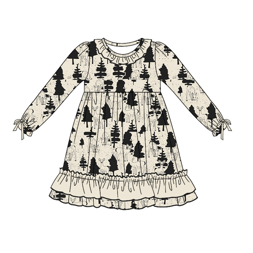 Baby Girl Long Sleeves Deer Tree Ruffle Dress