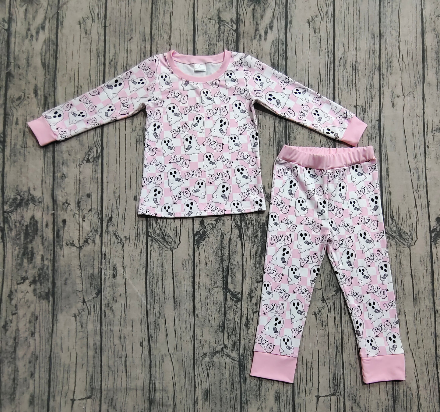 Baby Girl Long Sleeves Halloween Ghost Plaid Shirt Pants Pajamas Pink Set RTS