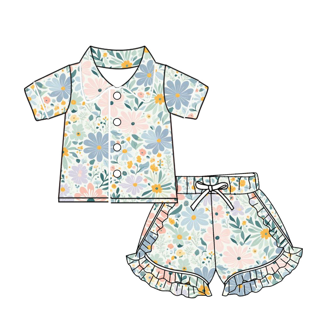 Baby Girl Short Sleeves Buttons Short Flower Ruffle Pajamas Clothes Set Moq 5