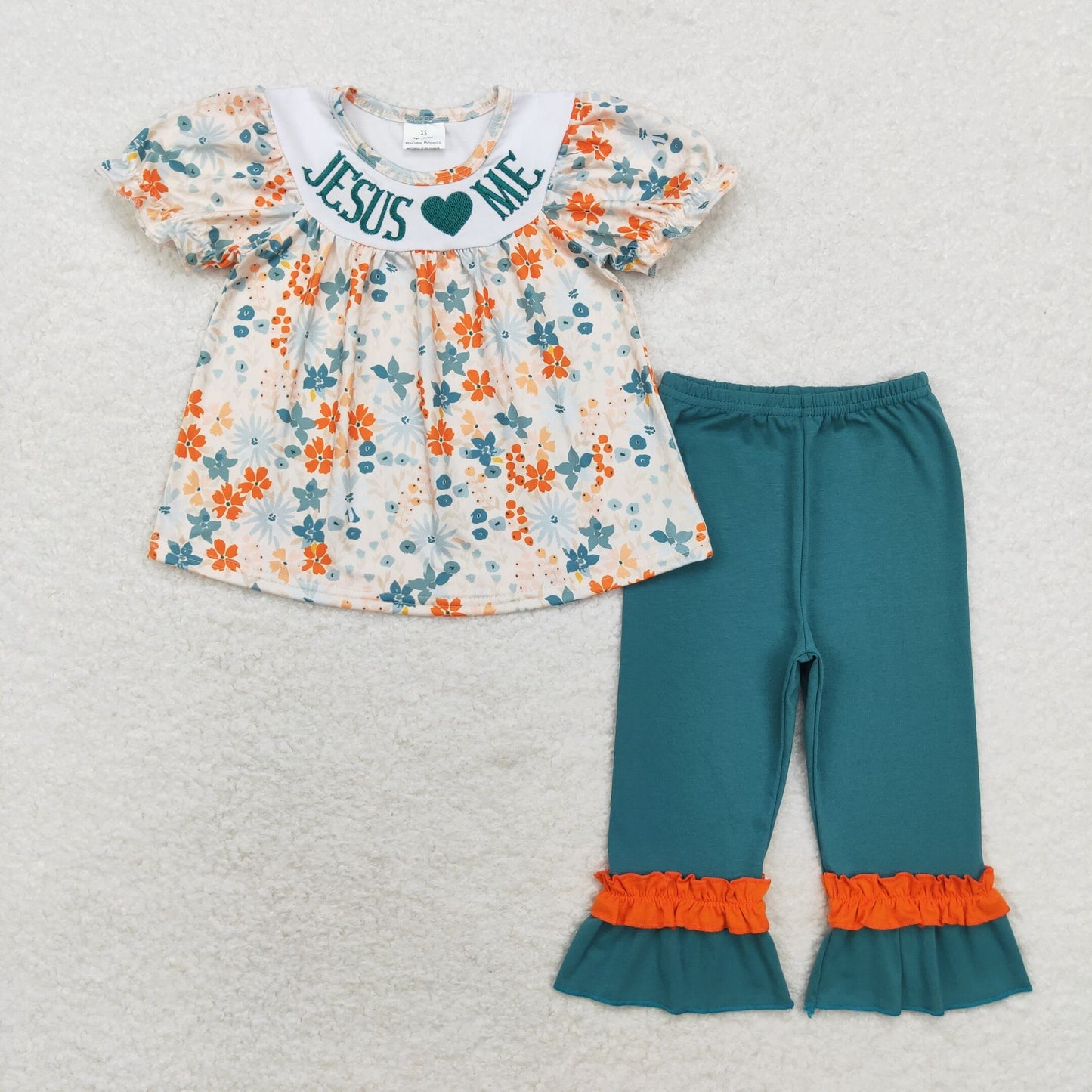 Baby Girl Embroidery Jesus Love Me Flowers Tunic Green Pants Set