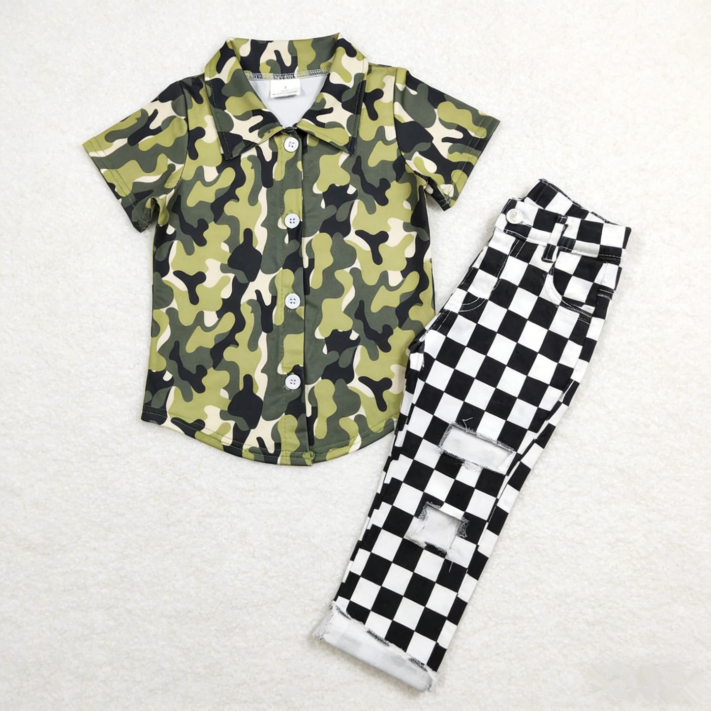 Baby Boys Kids Short Sleeves Camo Buttons Shirt Black Checked Denim Jeans Pants Set RTS