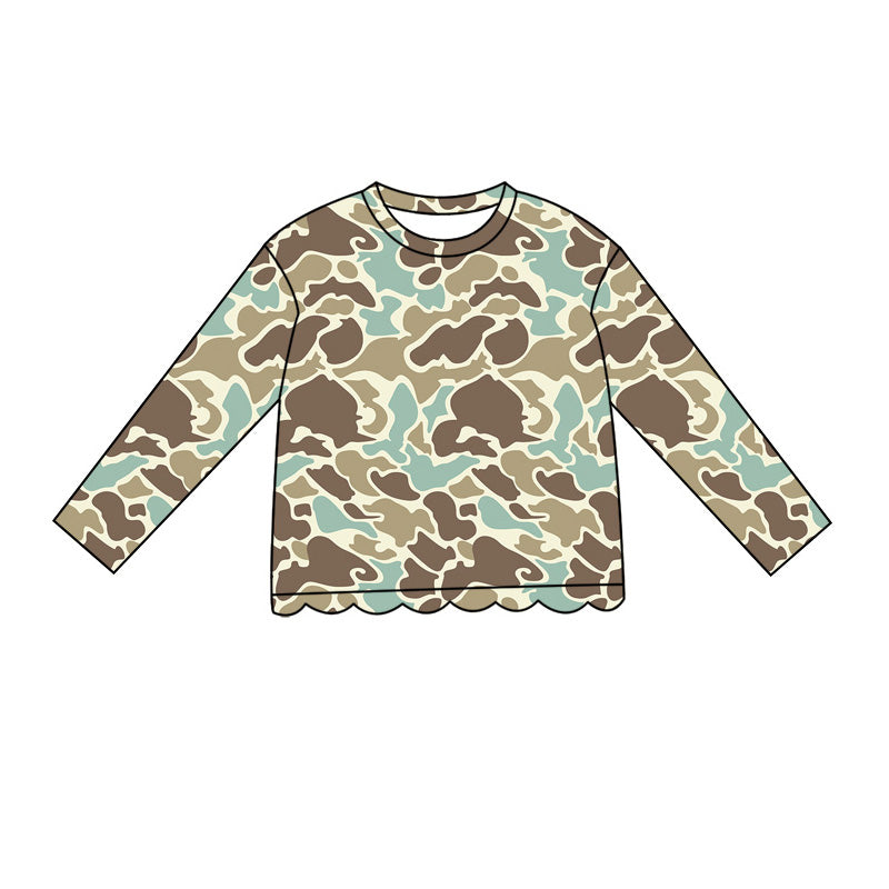 ( Moq 5 ) Preorder Baby Girls Kids Long Sleeves Camo Shirt Scallop Pullover Kids Clothes