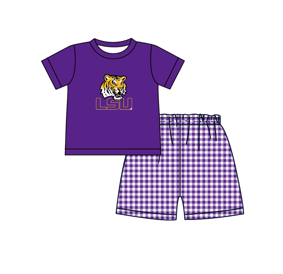 ( Moq 5 ) Baby Boys Toddler Short Sleeves Tiger Shirt Purple Plaid Shorts Team Summer Set