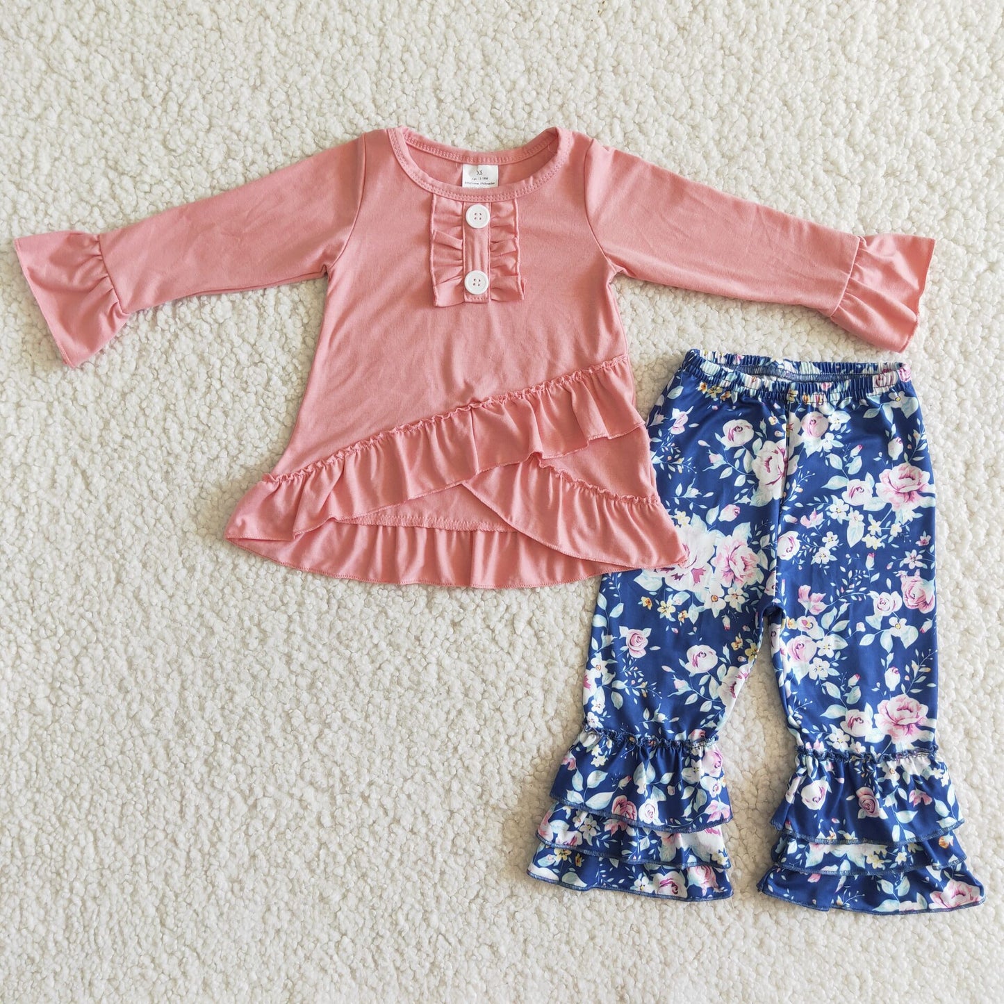 6 A17-17 Baby Girl Pink Long Sleeves Floral Blue Pants Outfit