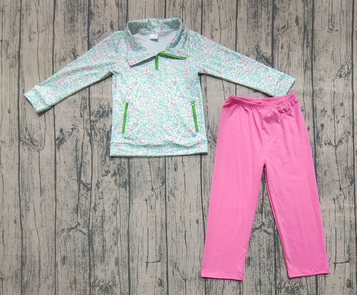 Baby Girl Long Sleeves Flower Zipper Pockets Shirt Pink Pants Clothes Set RTS