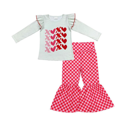 GLP1164 Baby Girl Long Sleeves Valentine's Shirt Checkered Bell Pants Set