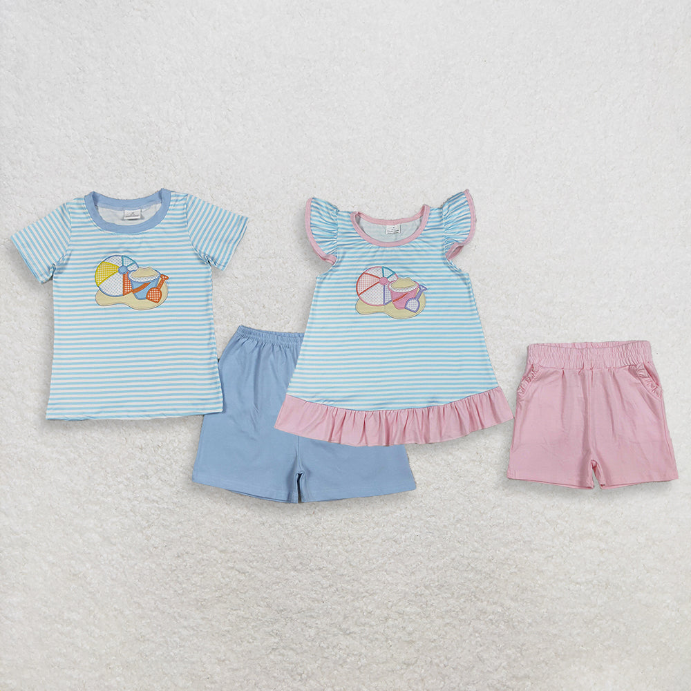 Sibling Baby Boys Girls Short Sleeves Embroidery Ball Beach Stripes Tops Shorts Clothes Sets RTS