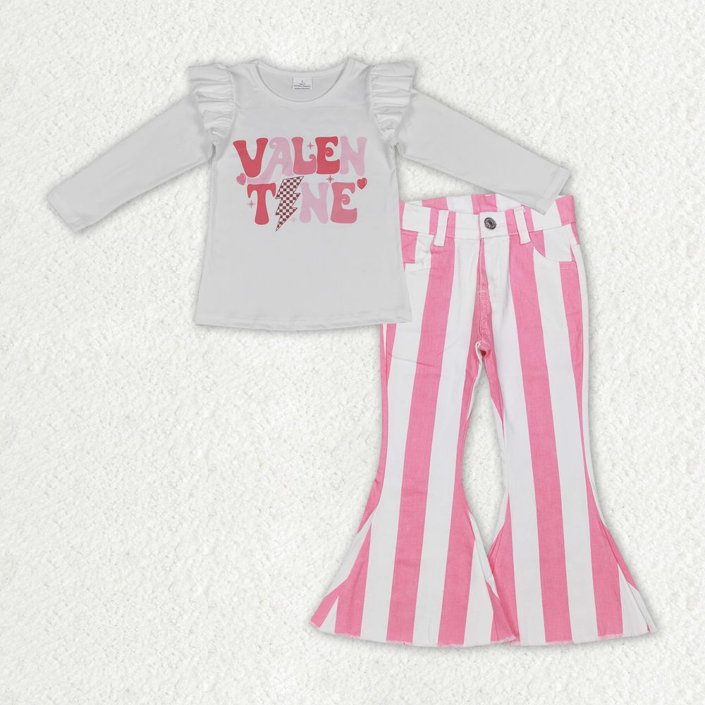 GLP1161 Baby Girl Long Sleeves Shirt Stripes Denim Bell Pants Valentine's Day Set