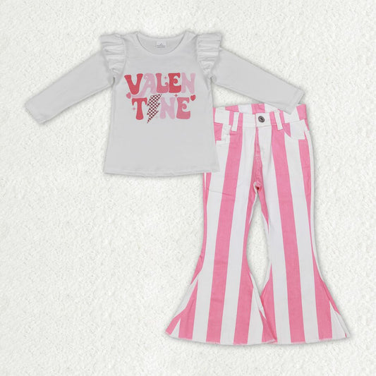 GLP1161 Baby Girl Long Sleeves Shirt Stripes Denim Bell Pants Valentine's Day Set