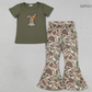 Baby Girls Kids Embroidery Bow Rabbit Green Shirt Camo Bell Pants Easter Set RTS