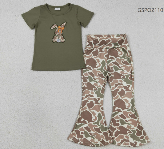 Baby Girls Kids Embroidery Bow Rabbit Green Shirt Camo Bell Pants Easter Set RTS