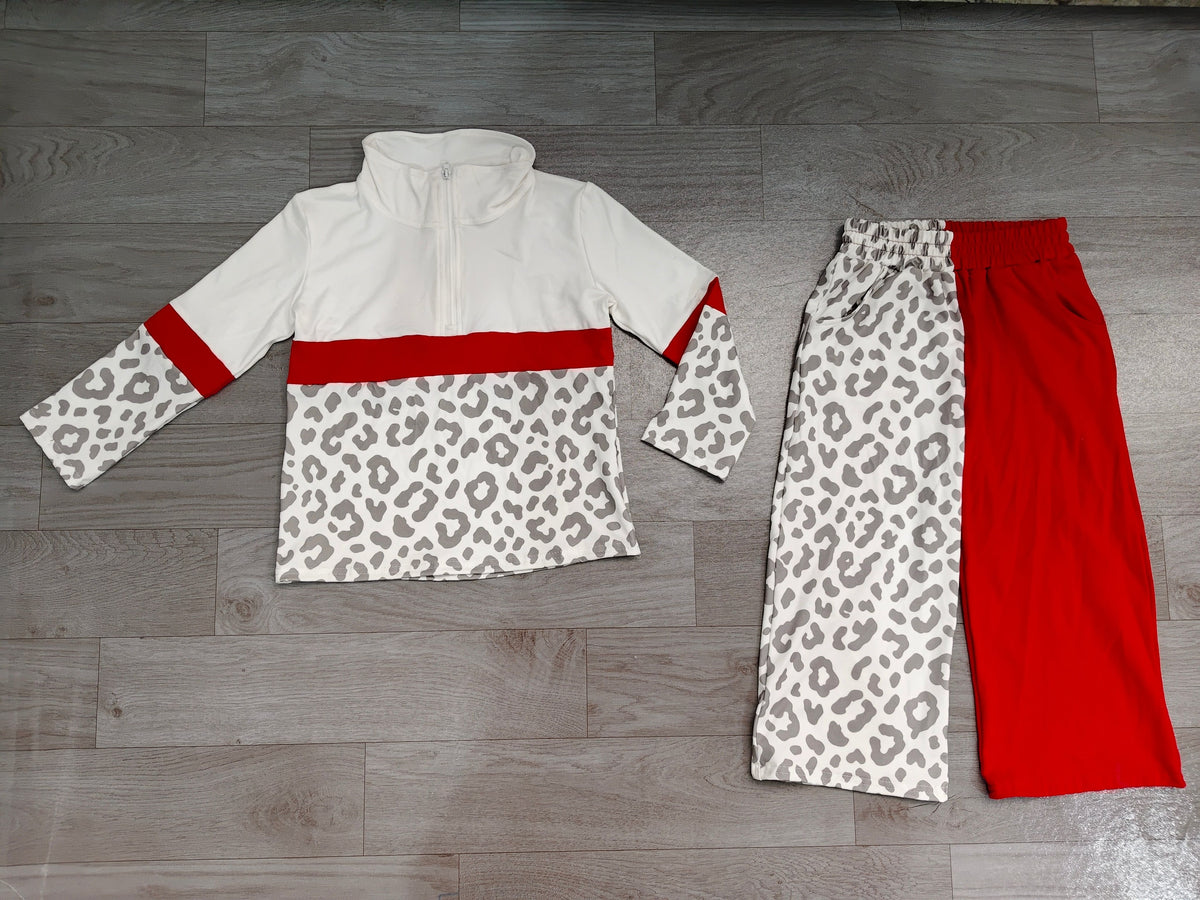 ( No moq ) Preorder Baby Girls Kids Long Sleeves Zipper Pullover Leopard Red Pants Set Clothes
