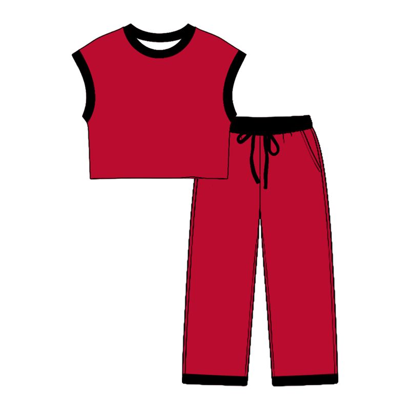 ( Moq 5 ) Preorder Baby Girls Kids Sleeveless Black Trim Red Shirt Pockets Pants Cotton Set Clothes