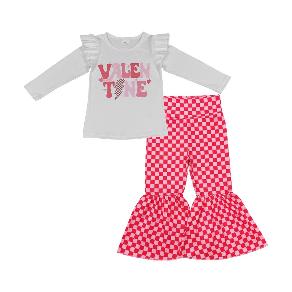 GLP1163 Baby Girl Long Sleeves Valentine's Shirt Checkered Bell Pants Set