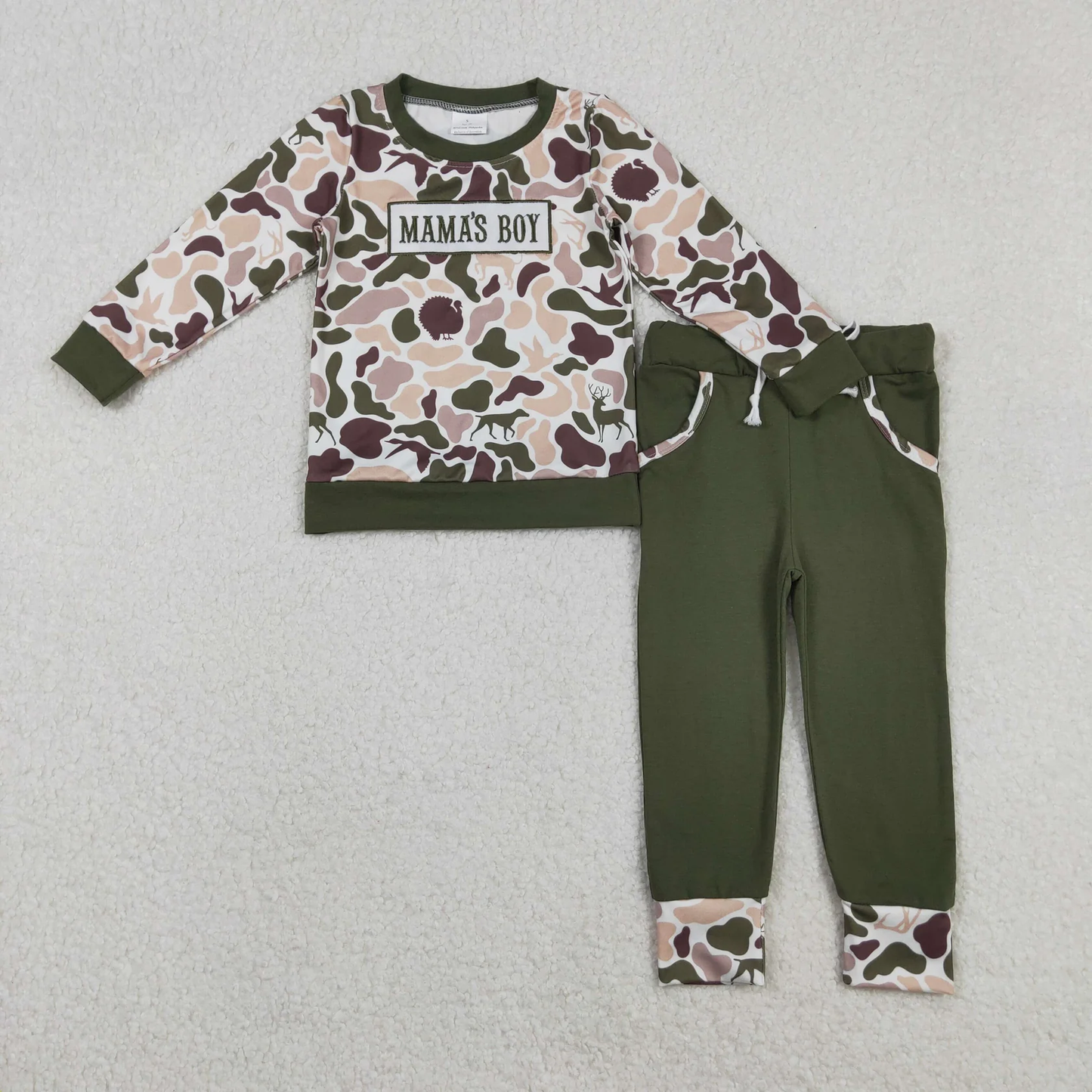 Sibling Baby Boys Kids Long Sleeves Embroidery Mama's Boy Camo Shirt Pockets Pants Sets RTS