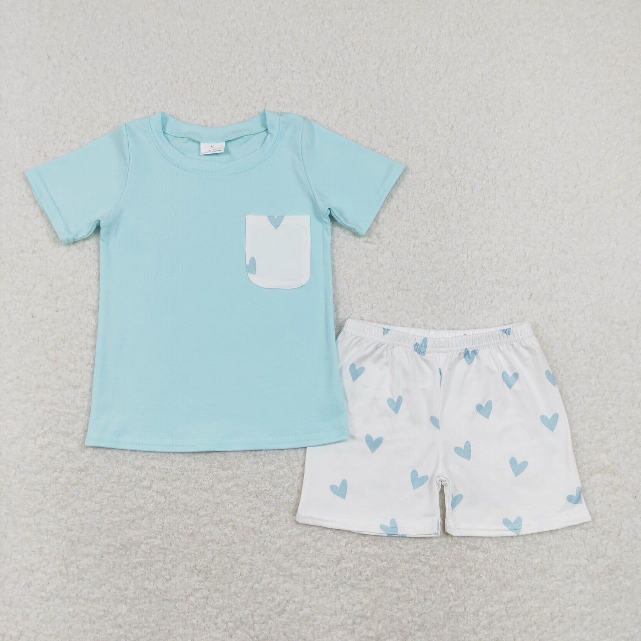 BSSO0413 Valentine's Day Baby Boy Short Sleeves Pocket Shirt Hearts Shorts Set