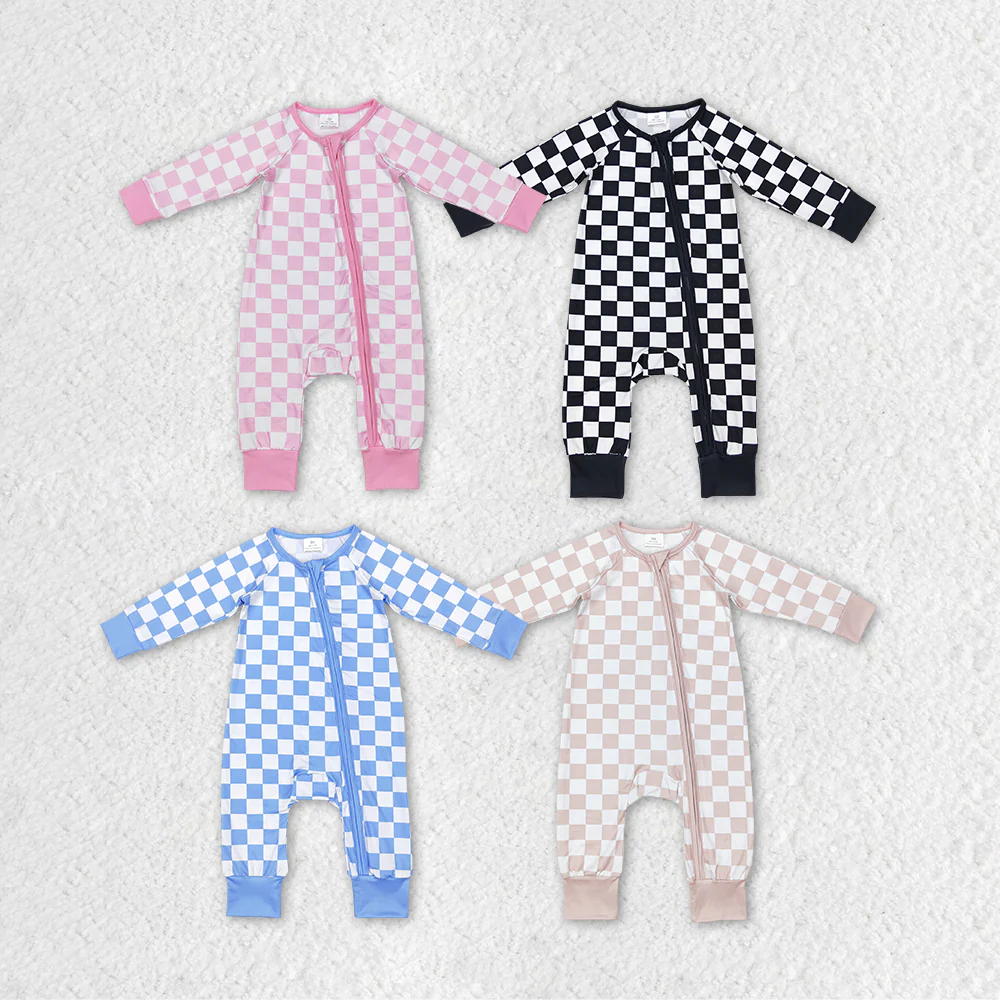 Baby Boy Girl Infant Long Sleeves Checkered Zipper Romper Sibling Clothes