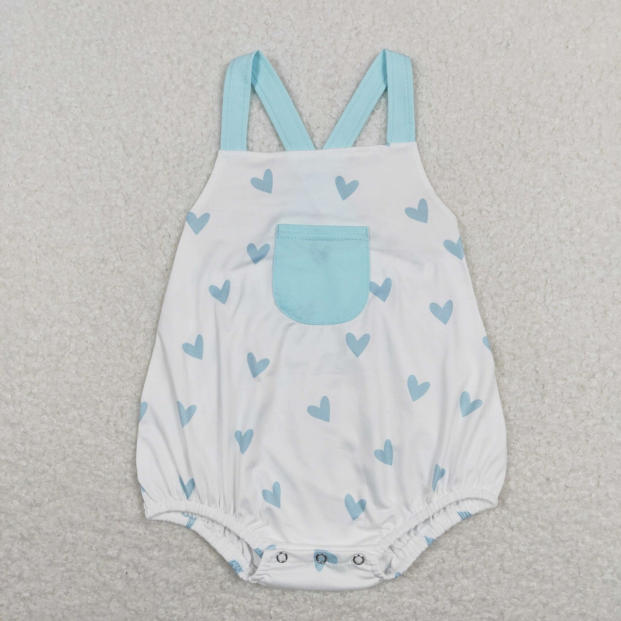 SR0732 Valentine's Day Baby Boy Sleeveless Blue Hearts Pocket One Piece Valentine's Day Romper