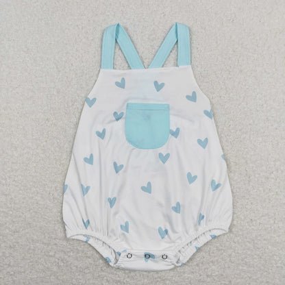 SR0732 Valentine's Day Baby Boy Sleeveless Blue Hearts Pocket One Piece Valentine's Day Romper