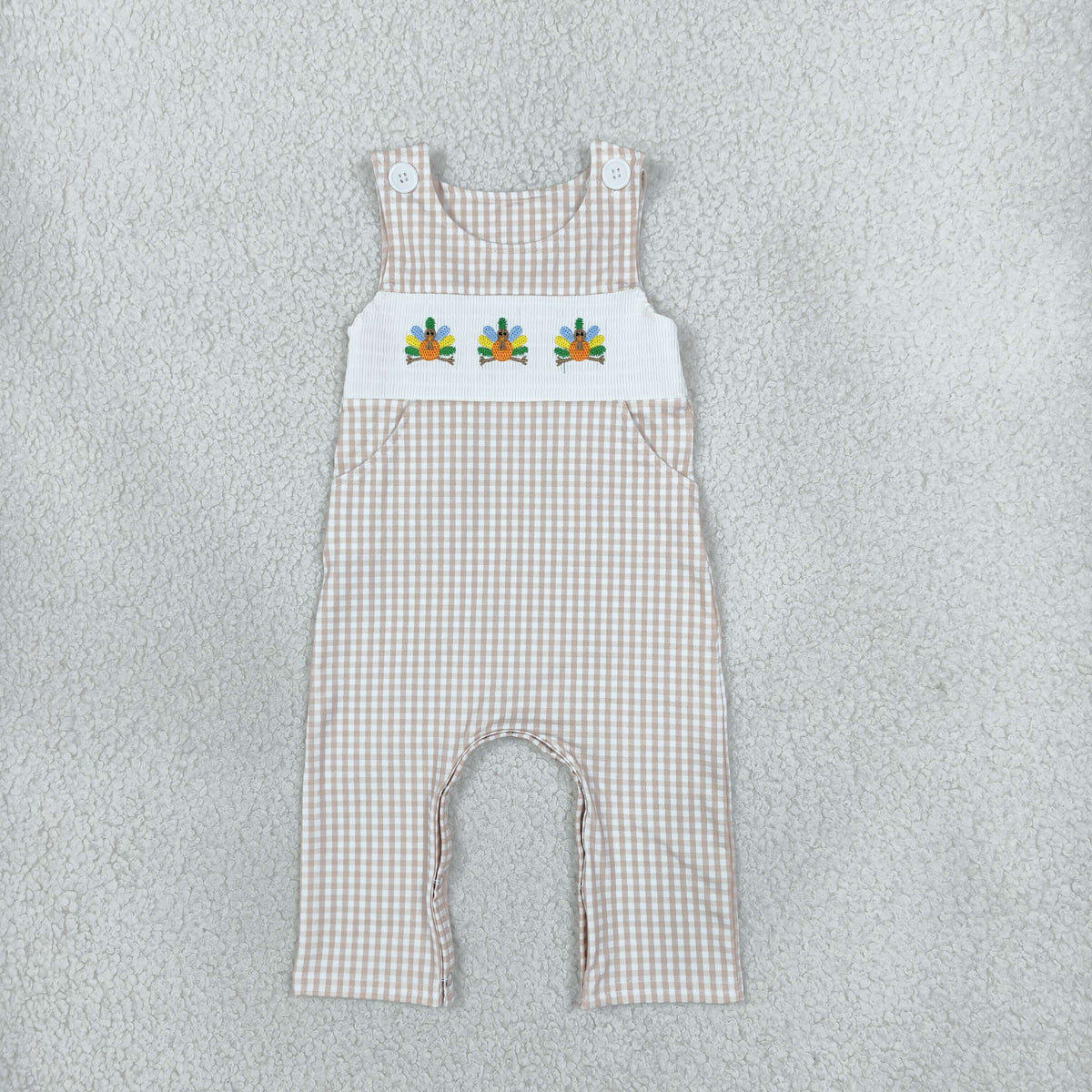 Baby Boy Infant Embroidery turkey Plaid Pockets Thanksgiving Fall Romper RTS